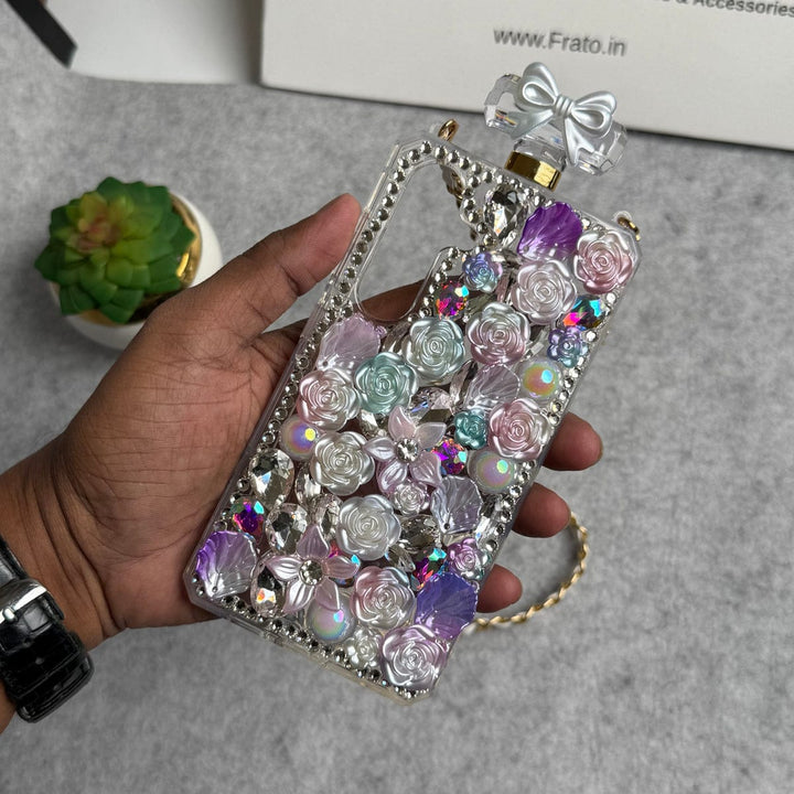 FRATO Samsung S25 Purple Flower Samsung Galaxy S25 Perfume Rhinestone Diamond Design Sling Girly Cover