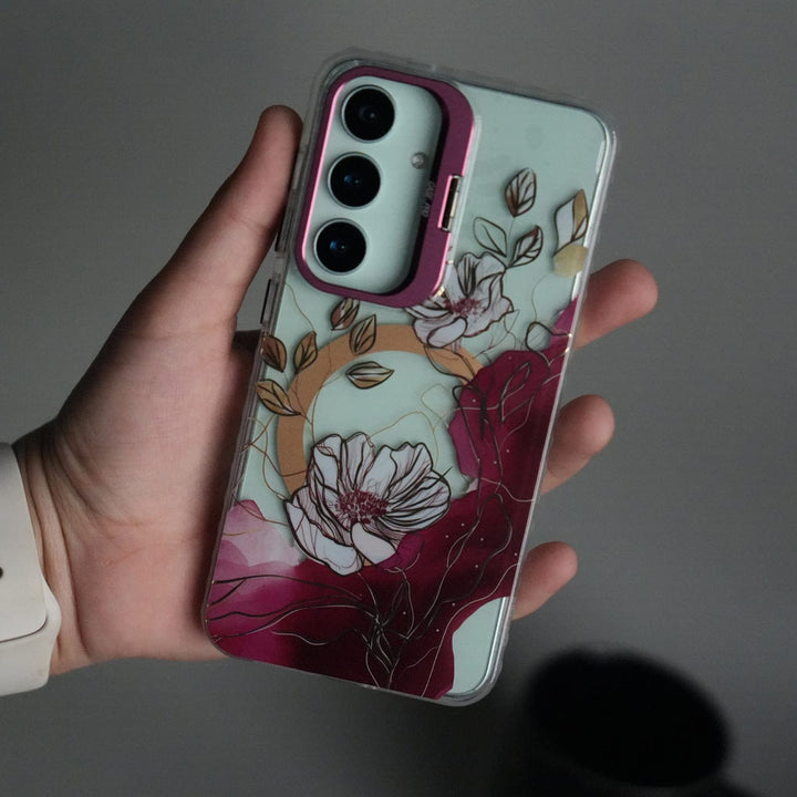 FRATO Samsung S25 Purple Galaxy S25 FloraCrystal Clear Floral Design Case with Color Metal Camera Stand Frame