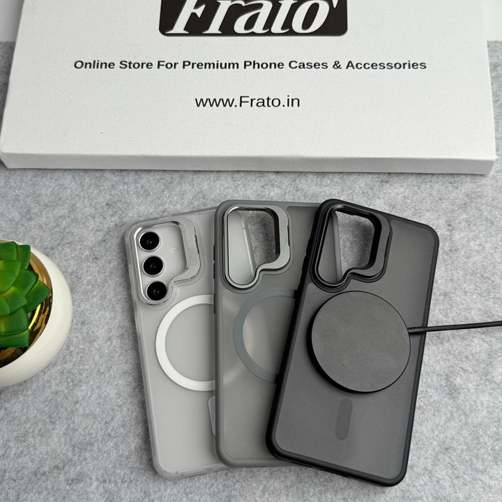 FRATO Samsung S25 Samsung Galaxy S25 Smoke MagSafe Cover With Metal Camera Bump Kick Stand