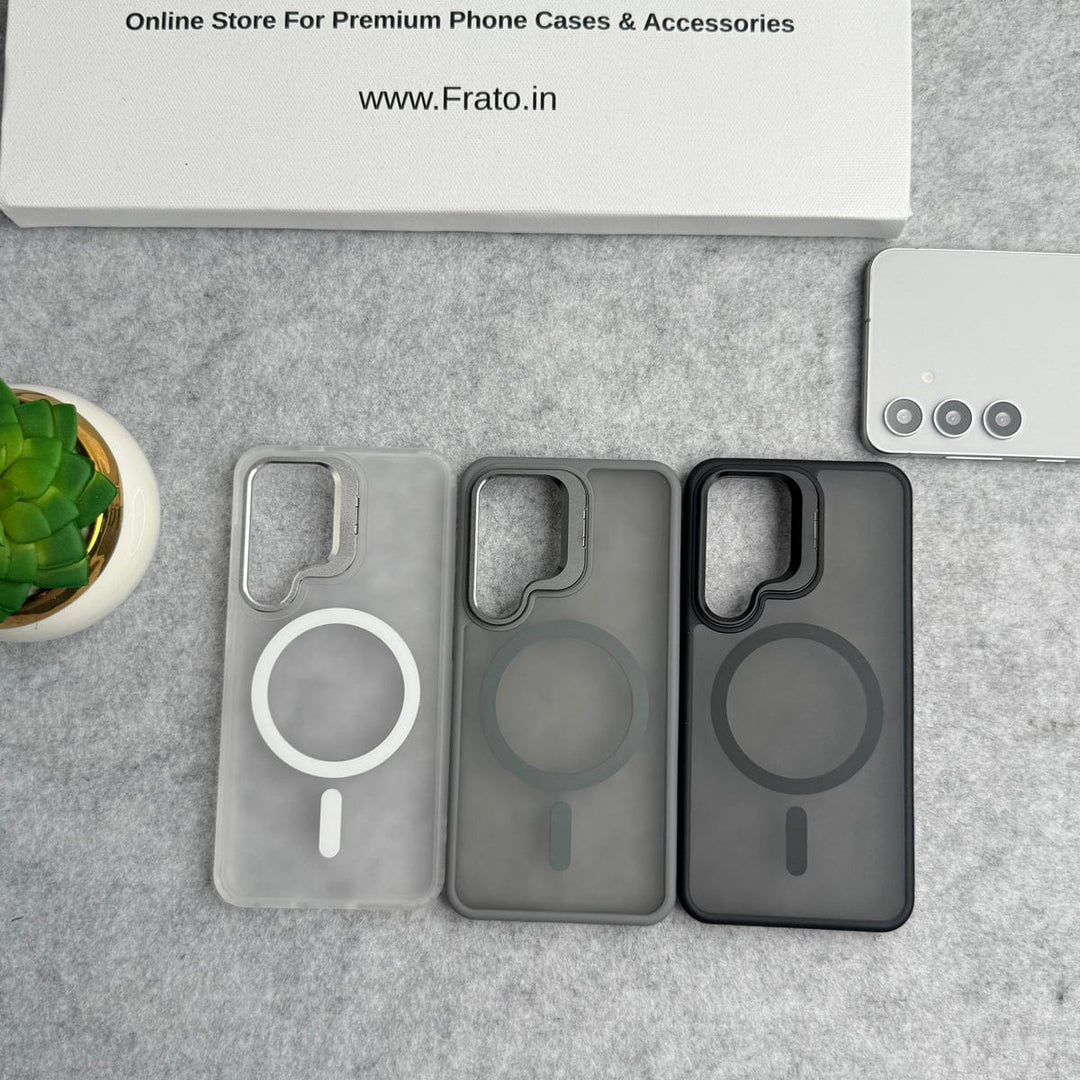 FRATO Samsung S25 Samsung Galaxy S25 Smoke MagSafe Cover With Metal Camera Bump Kick Stand