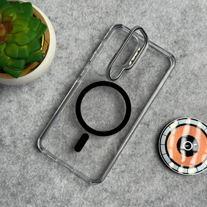 FRATO Samsung S25 Samsung Galaxy S25 Transparent MagSafe Cover With Metal Camera Bump Kick Stand