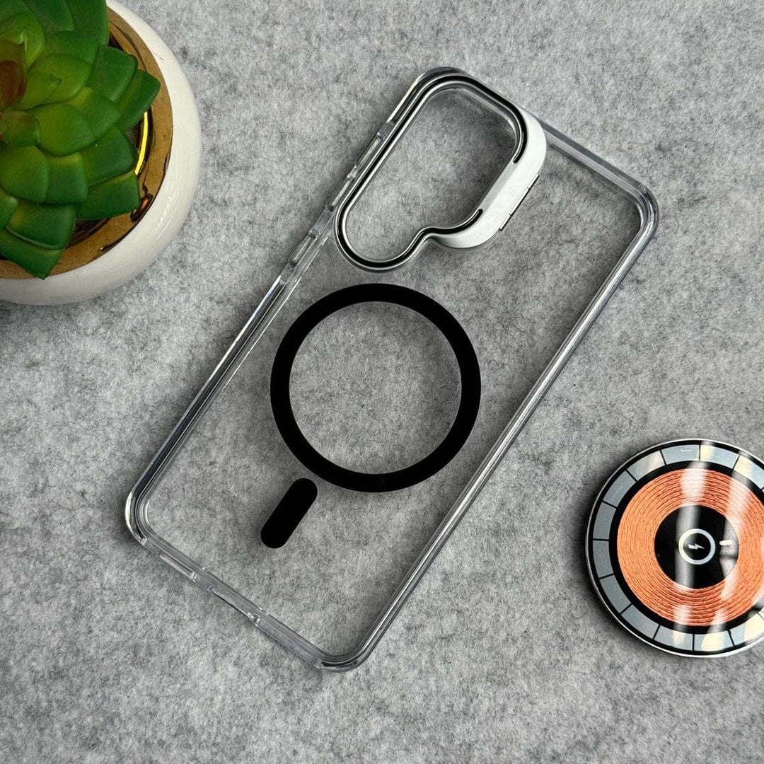 FRATO Samsung S25 Samsung Galaxy S25 Transparent MagSafe Cover With Metal Camera Bump Kick Stand