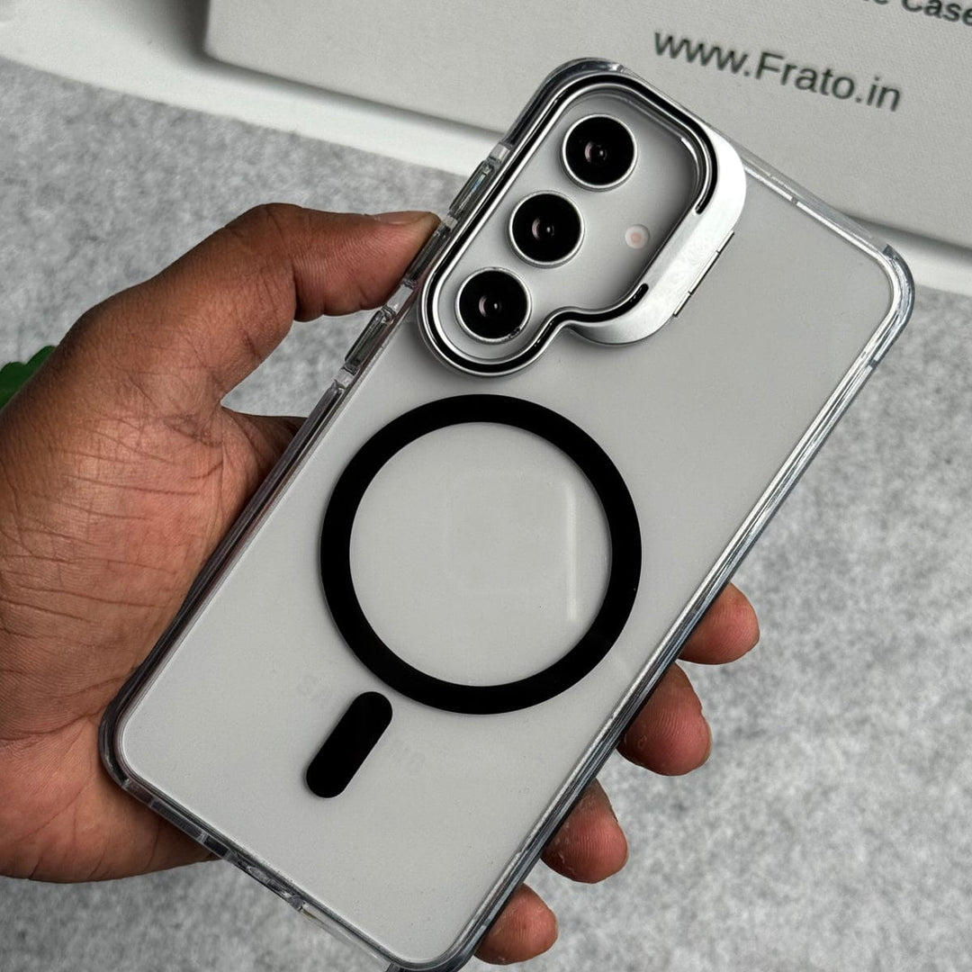 FRATO Samsung S25 Samsung Galaxy S25 Transparent MagSafe Cover With Metal Camera Bump Kick Stand