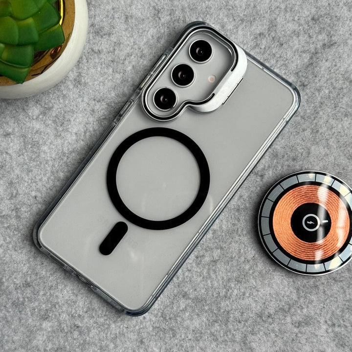 FRATO Samsung S25 Samsung Galaxy S25 Transparent MagSafe Cover With Metal Camera Bump Kick Stand