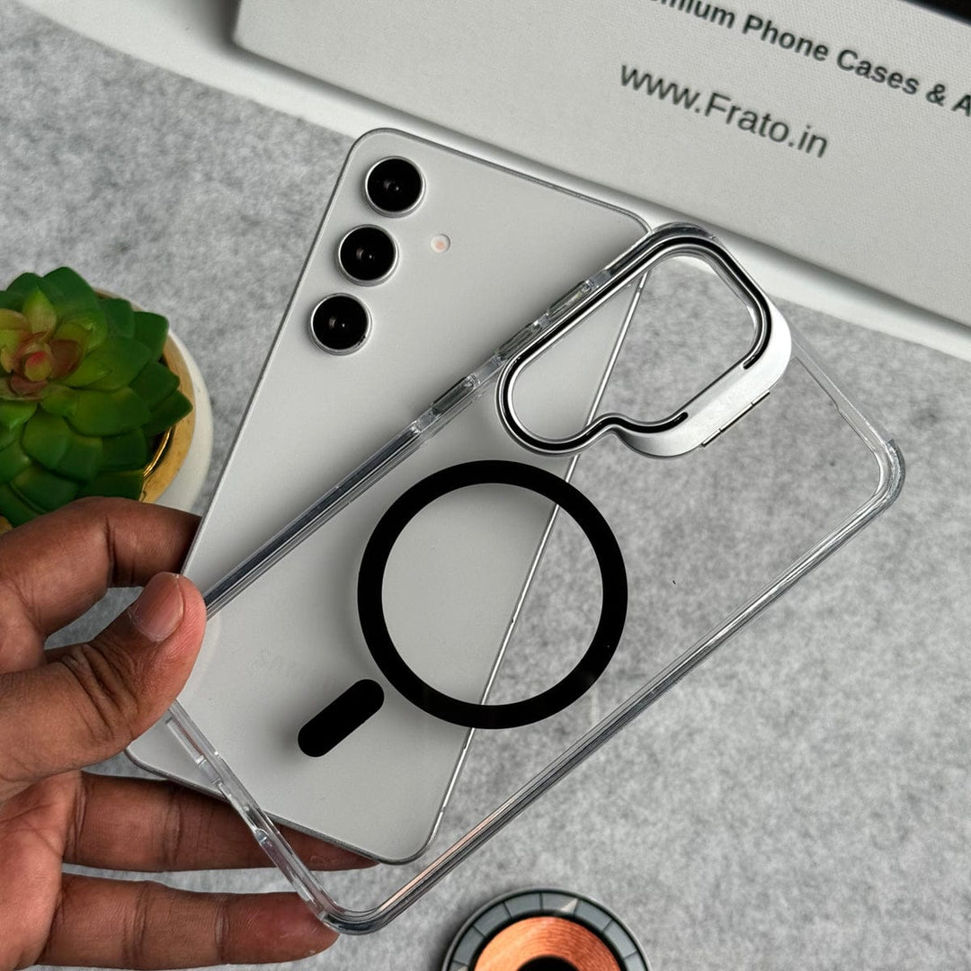 FRATO Samsung S25 Samsung Galaxy S25 Transparent MagSafe Cover With Metal Camera Bump Kick Stand