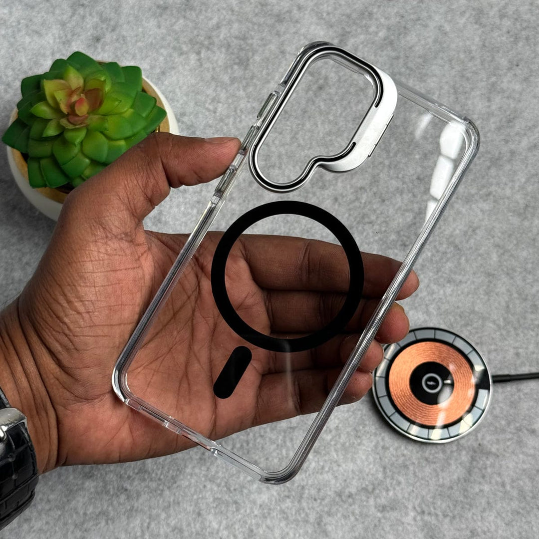FRATO Samsung S25 Samsung Galaxy S25 Transparent MagSafe Cover With Metal Camera Bump Kick Stand
