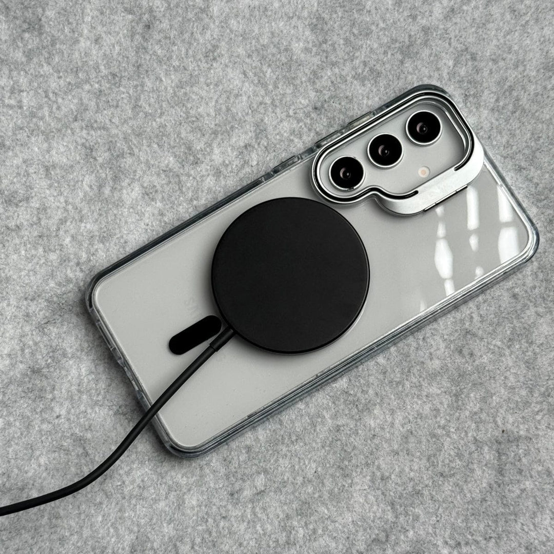FRATO Samsung S25 Samsung Galaxy S25 Transparent MagSafe Cover With Metal Camera Bump Kick Stand