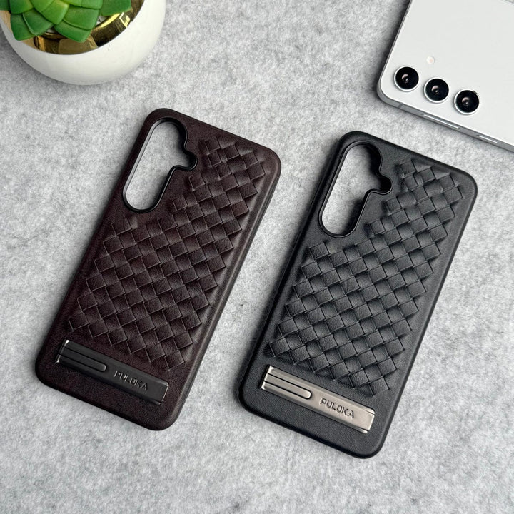 FRATO Samsung S25 Samsung Galaxy S25 Weave Leather with Metal Kickstand Slim Back Cover