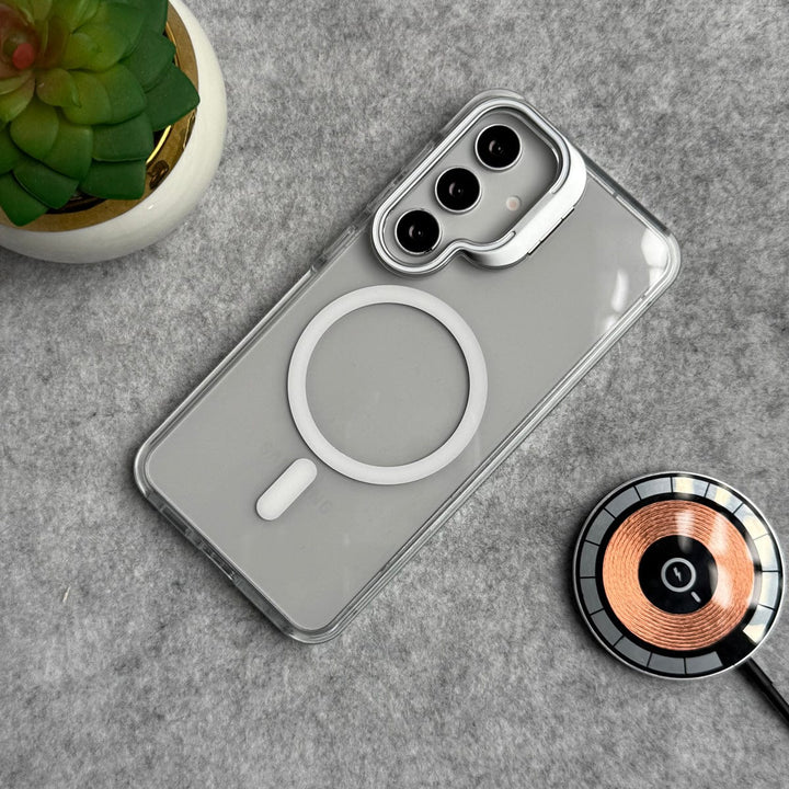 FRATO Samsung S25FE Samsung Galaxy S25 FE Transparent MagSafe Cover Metal Camera Bump Kick Stand