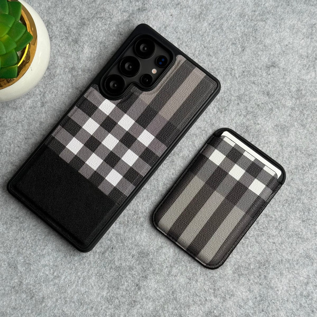 FRATO Samsung S25U Black Samsung Galaxy S25 Ultra Checks Leather Case With Detachable Magnetic Magsafe Card Holder Cover