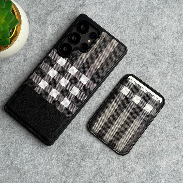 FRATO Samsung S25U Black Samsung Galaxy S25 Ultra Checks Leather Case With Detachable Magnetic Magsafe Card Holder Cover