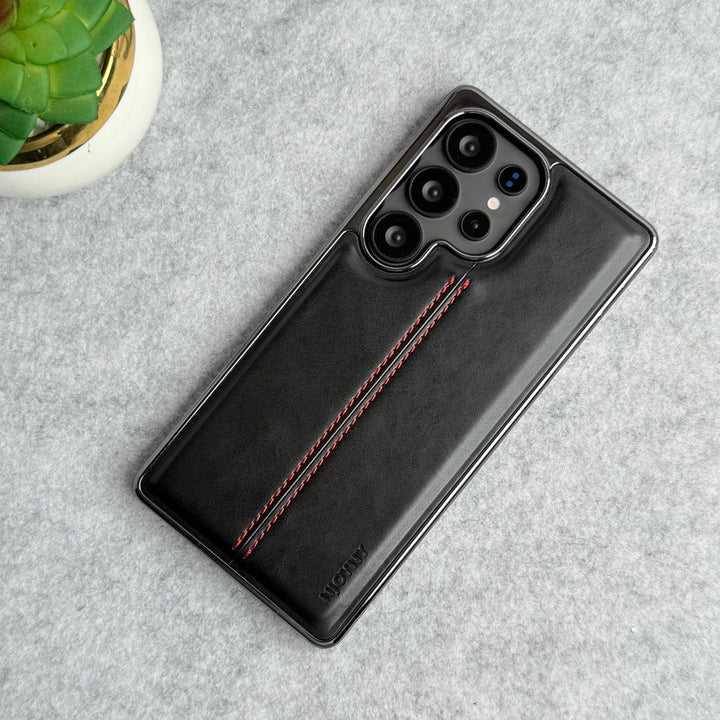 FRATO Samsung S25U Black Samsung Galaxy S25 Ultra PU Leather Middle Stitch Side Chrome Case Cover