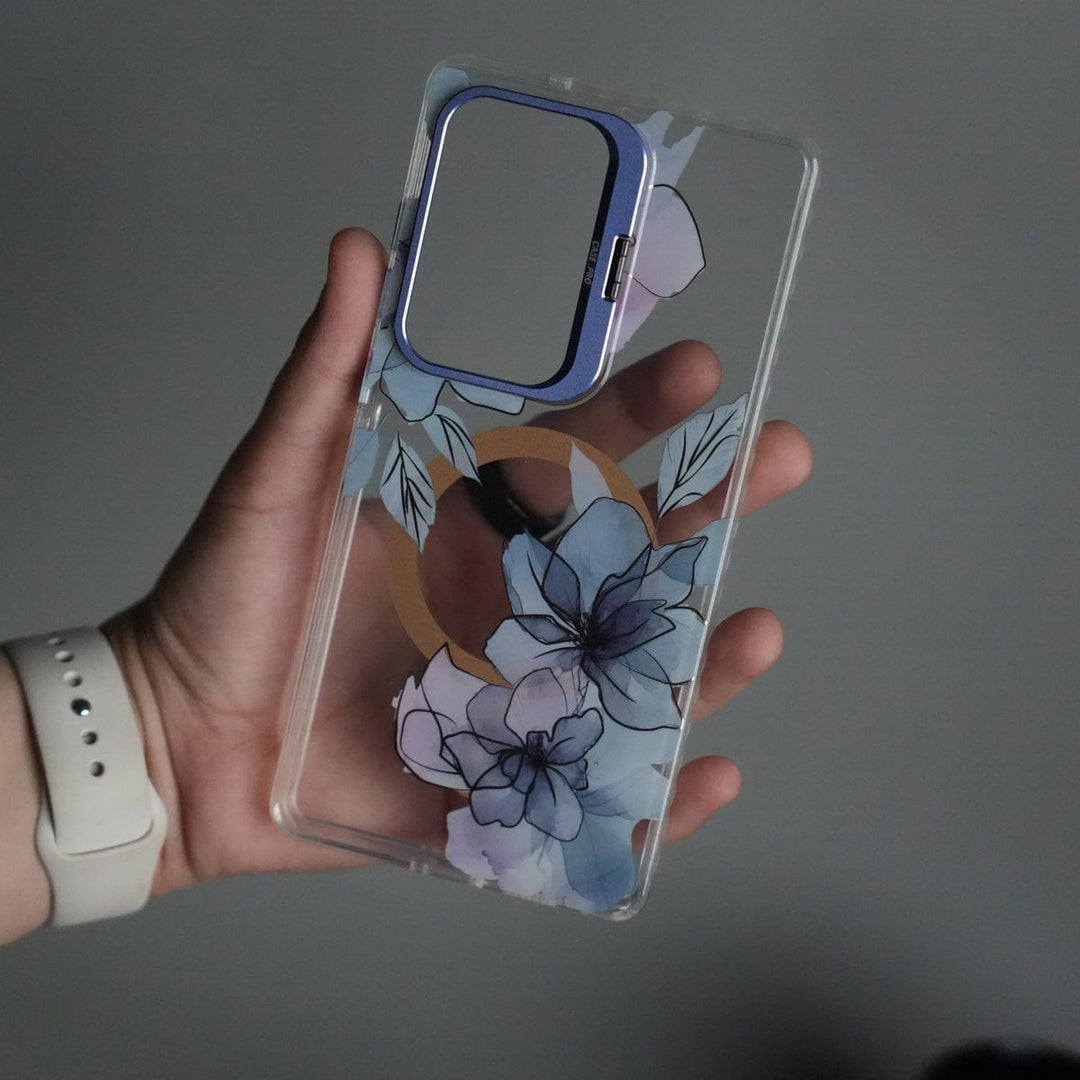 FRATO Samsung S25U Blue Galaxy S25 Ultra FloraCrystal Clear Floral Design Case with Color Metal Camera Stand Frame
