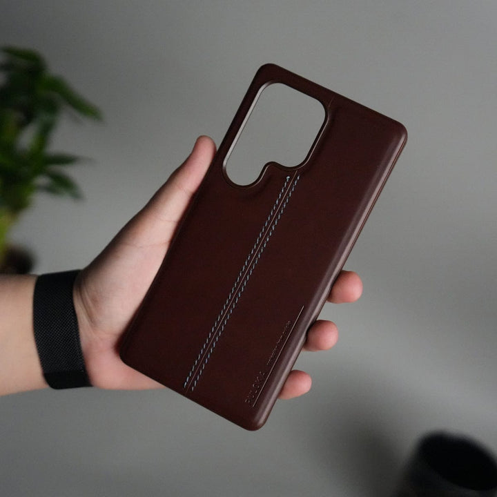 FRATO Samsung S25U Brown Galaxy S25 Ultra Leather Case | Classic Middle Stitched PU Back Cover