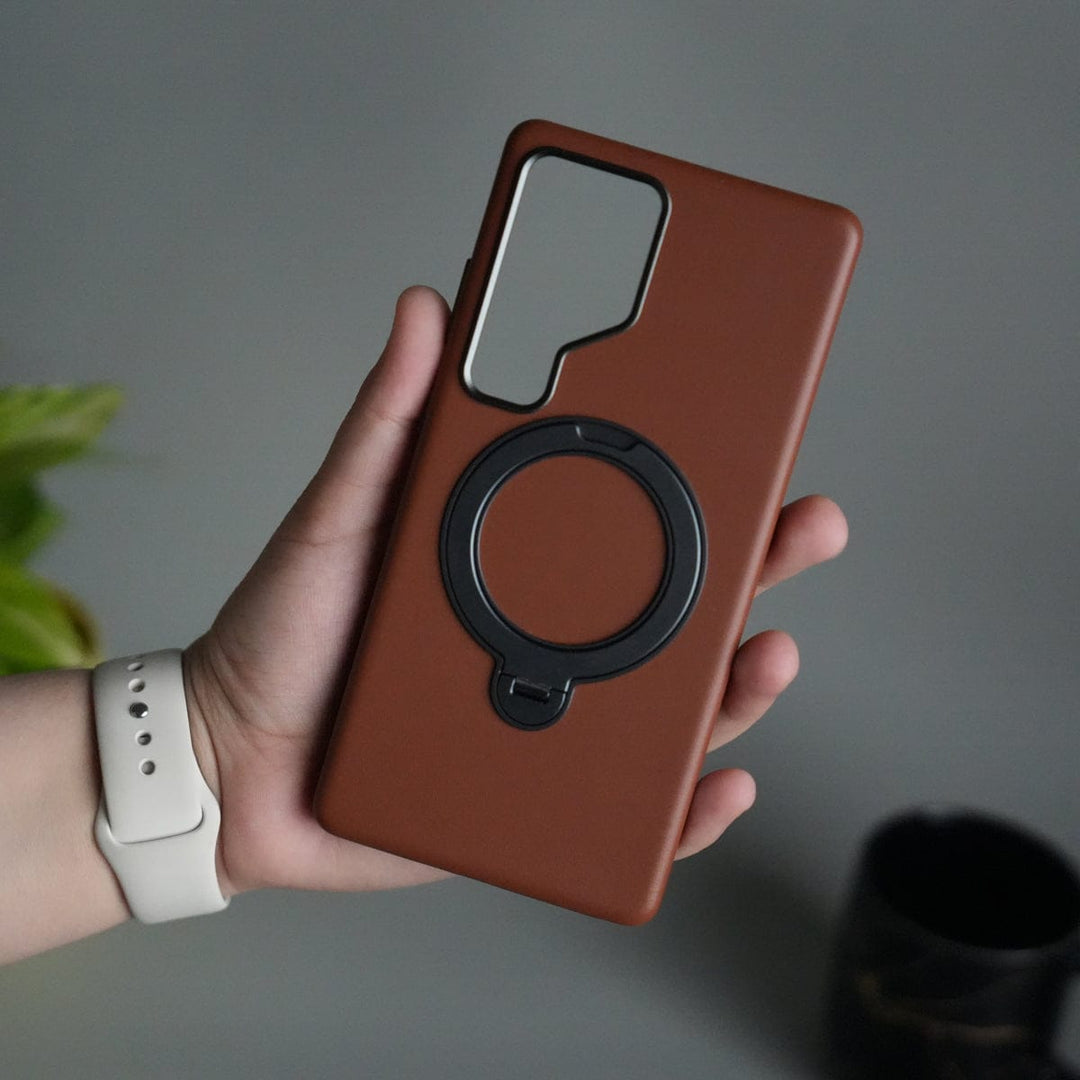 FRATO Samsung S25U Brown Galaxy S25 Ultra PU Leather Case with Metal Camera Frame &amp; 360° Rotating Metal Stand