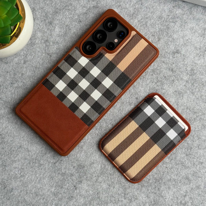 FRATO Samsung S25U Brown Samsung Galaxy S25 Ultra Checks Leather Case With Detachable Magnetic Magsafe Card Holder Cover