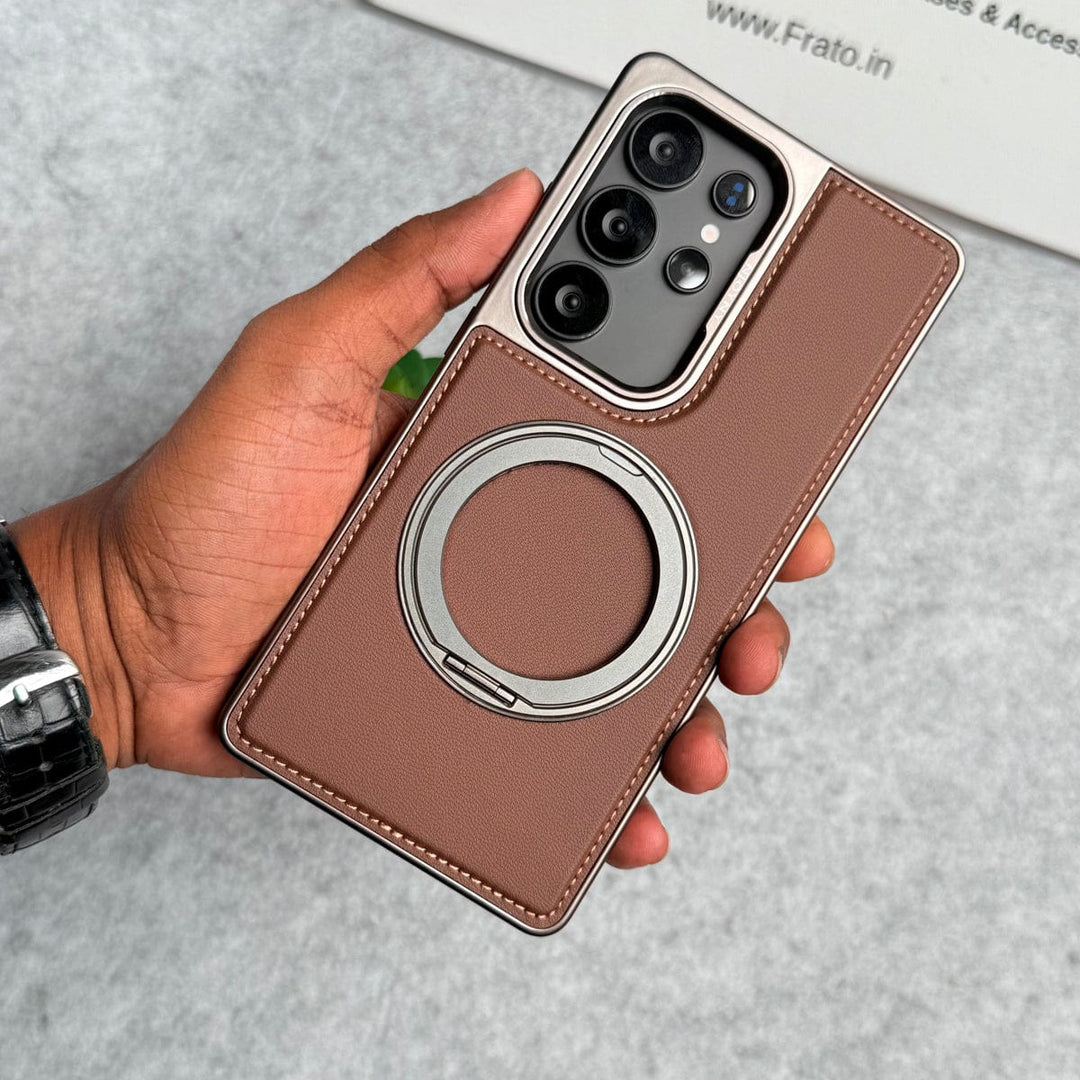 FRATO Samsung S25U Brown Samsung Galaxy S25 Ultra Leather Mate Chrome Plated Rotating Stand Case Cover