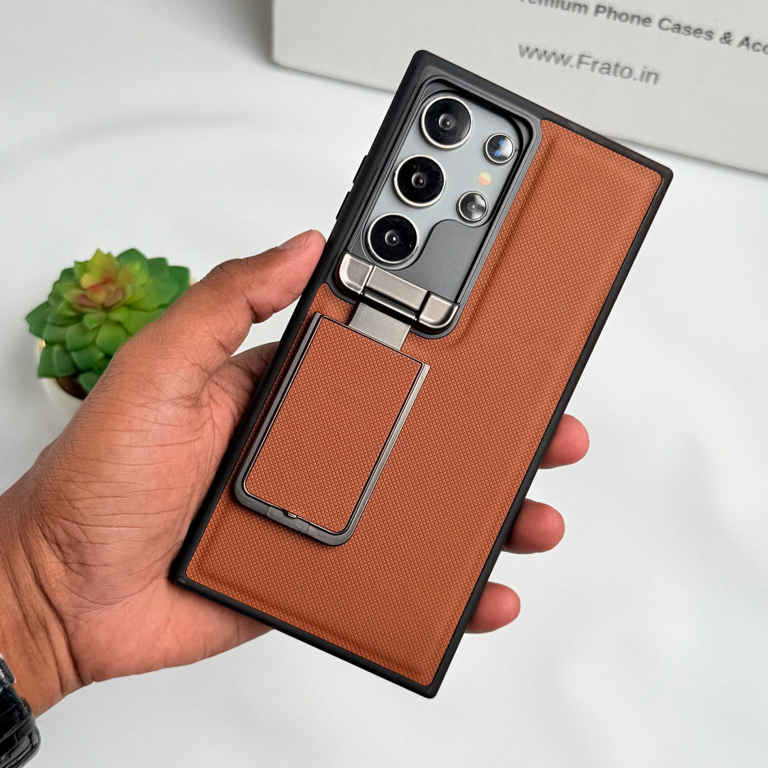 FRATO Samsung S25U Brown Samsung Galaxy S25 Ultra Metal Camera Cap Stand Case Cover