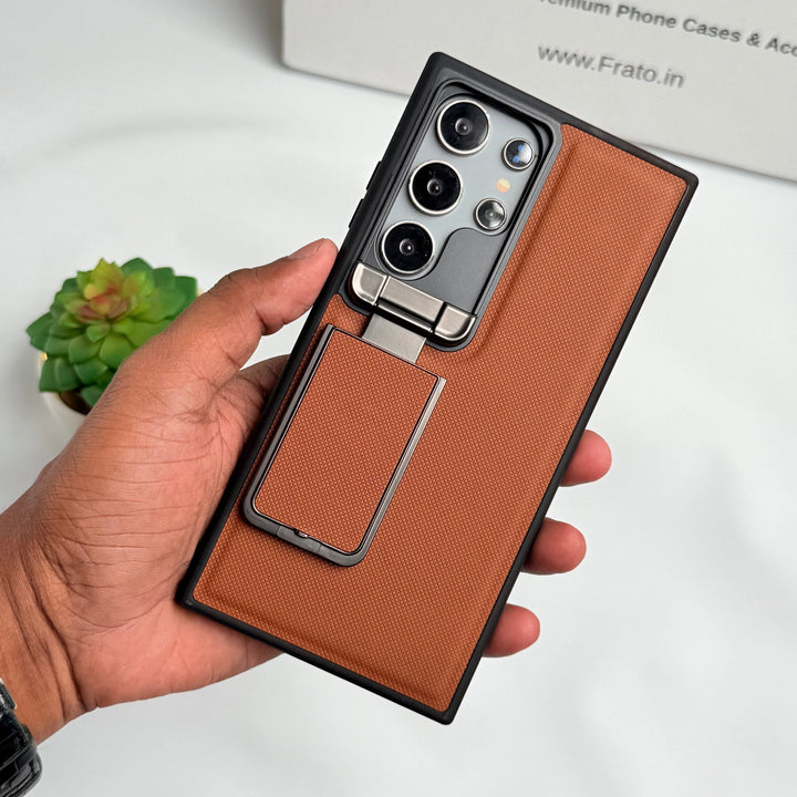 FRATO Samsung S25U Brown Samsung Galaxy S25 Ultra Metal Camera Cap Stand Case Cover