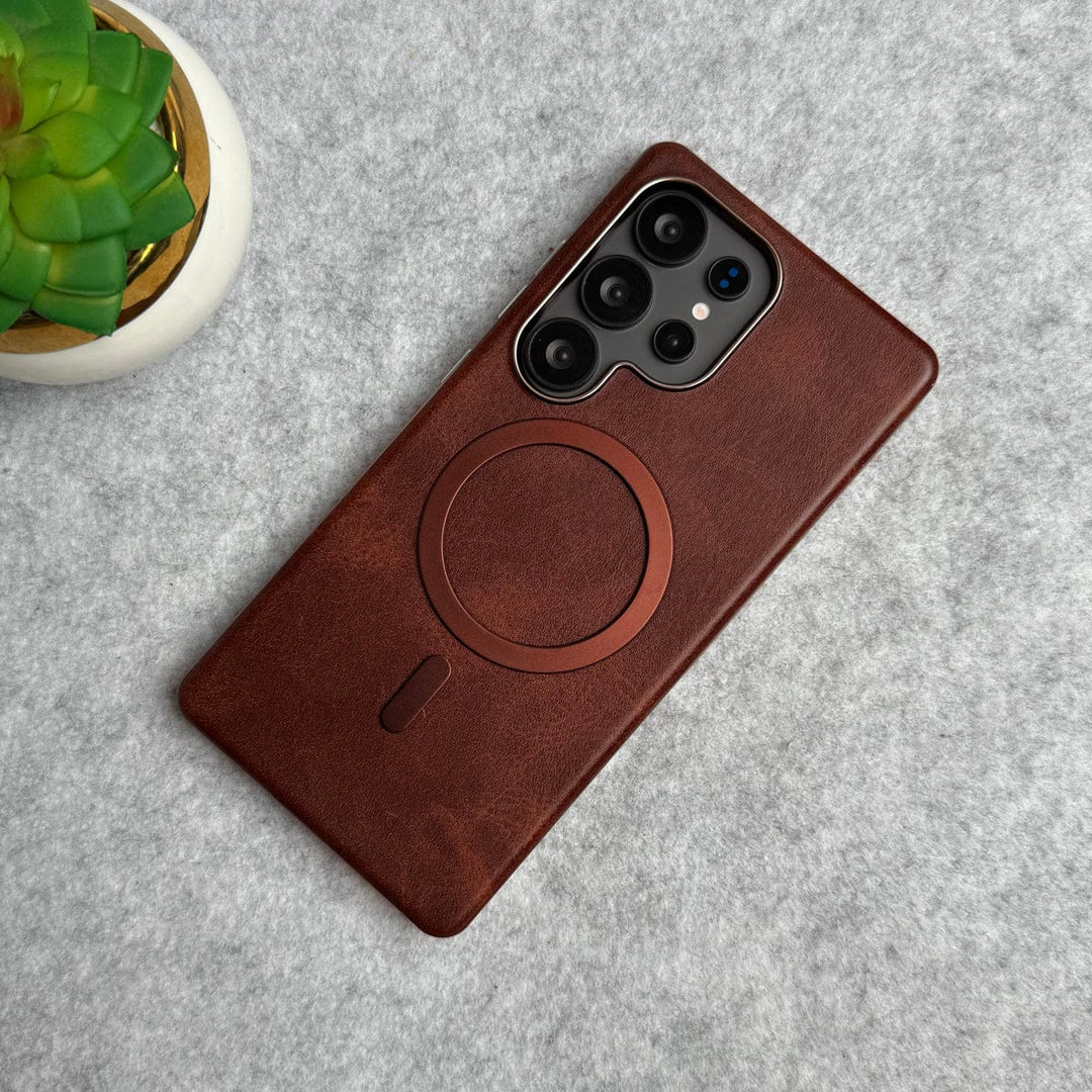 FRATO Samsung S25U Brown Samsung Galaxy S25 Ultra Metallic Textured Leather MagSafe Ring Case Cover