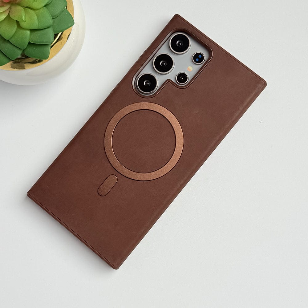 FRATO Samsung S25U Brown Samsung Galaxy S25 Ultra Premium PU Leather Metal MagSafe Ring Cover