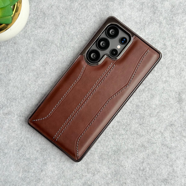 FRATO Samsung S25U Brown Samsung Galaxy S25 Ultra PU Leather Stitch Chrome Case Cover