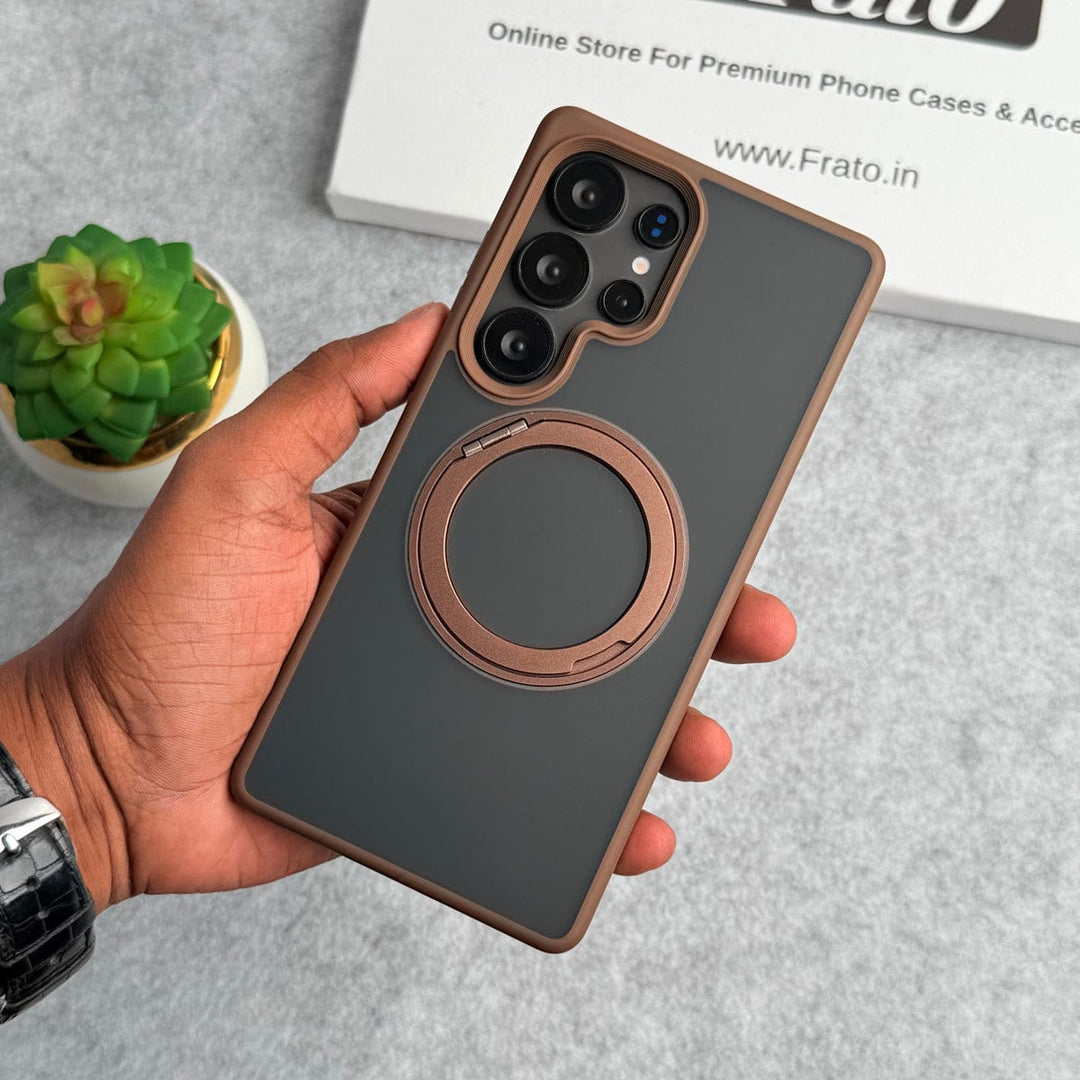 FRATO Samsung S25U Brown Samsung Galaxy S25 Ultra Rubberized Smoke Cover With 360 Rotating Metal Stand