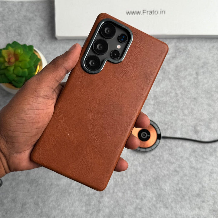 FRATO Samsung S25U Brown Samsung Galaxy S25 Ultra Texture Leather Camera Bumper MagSafe Cover