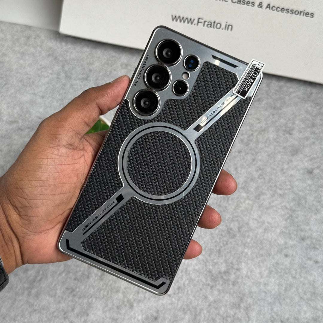 FRATO Samsung S25U Carbon Fiber Design Samsung Galaxy S25 Ultra Z Shape Electroplated Magnetic PU Leather Wireless Charging Case Cover