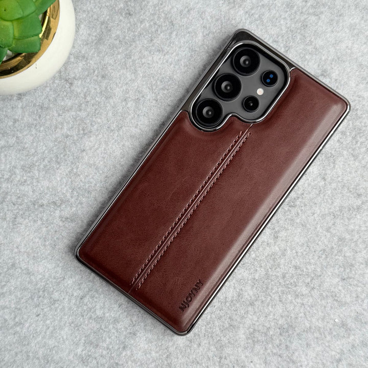 FRATO Samsung S25U Dark Brown Samsung Galaxy S25 Ultra PU Leather Middle Stitch Side Chrome Case Cover