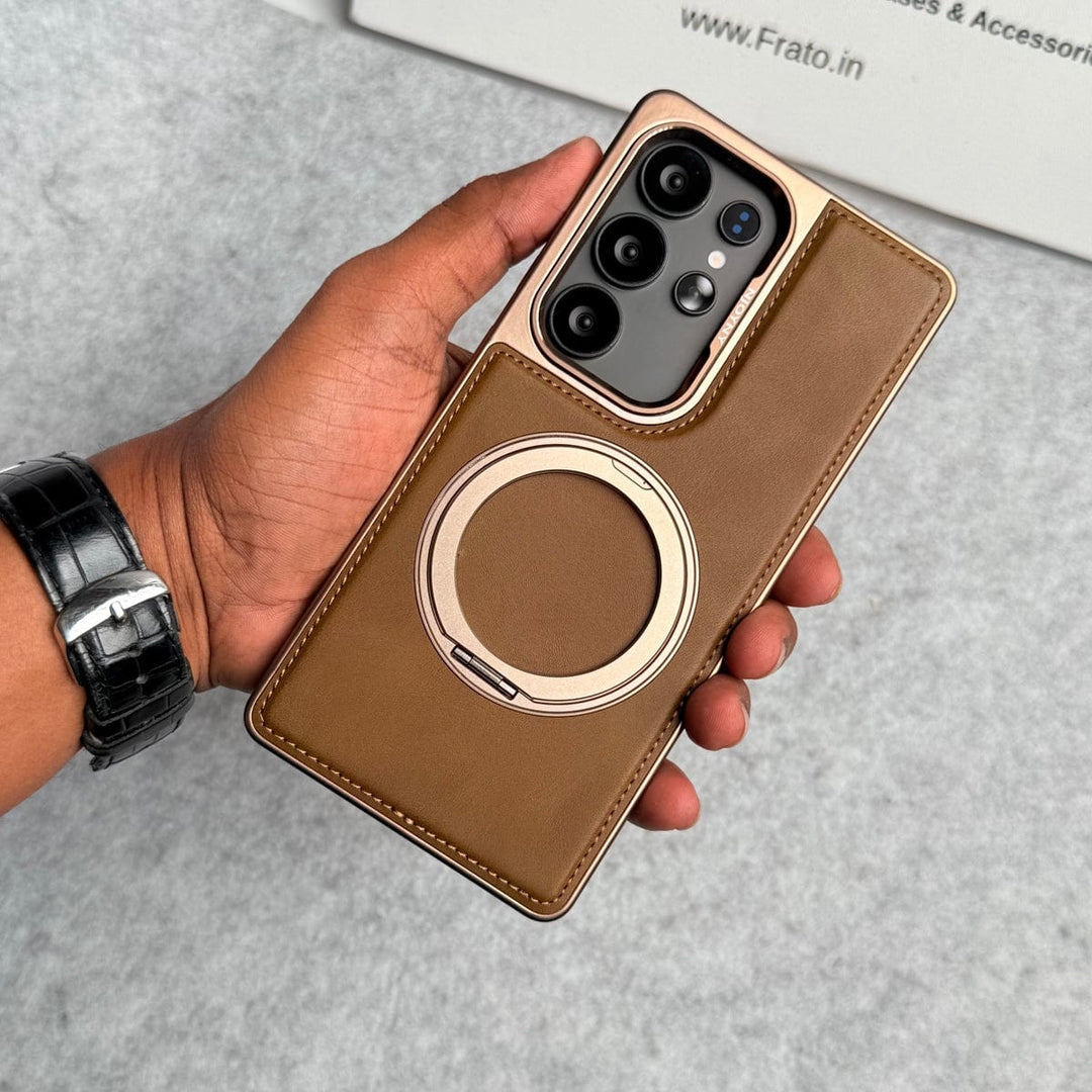 FRATO Samsung S25U Desert Titanium Brown Samsung Galaxy S25 Ultra Leather Mate Chrome Plated Rotating Stand Case Cover