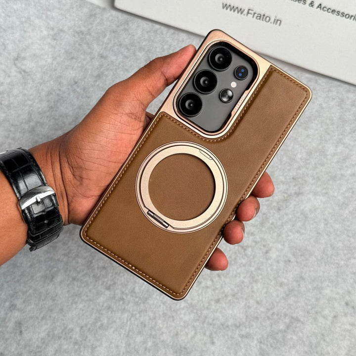 FRATO Samsung S25U Desert Titanium Brown Samsung Galaxy S25 Ultra Leather Mate Chrome Plated Rotating Stand Case Cover