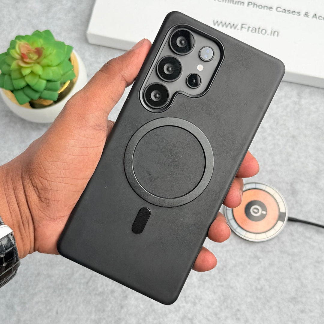 FRATO Samsung S25U Galaxy S25 Ultra / Black Samsung Galaxy Ultra Series Premium PU Leather Metal MagSafe Ring Case