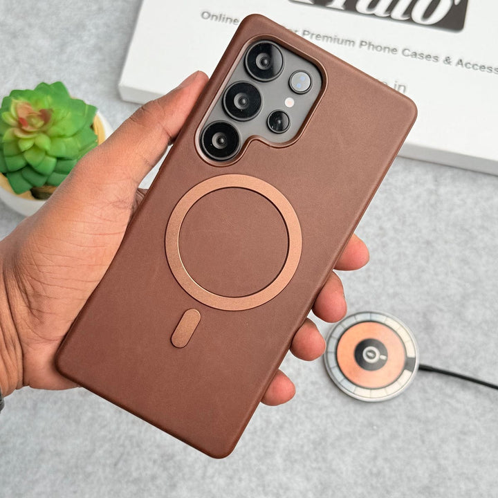 FRATO Samsung S25U Galaxy S25 Ultra / Brown Samsung Galaxy Ultra Series Premium PU Leather Metal MagSafe Ring Case