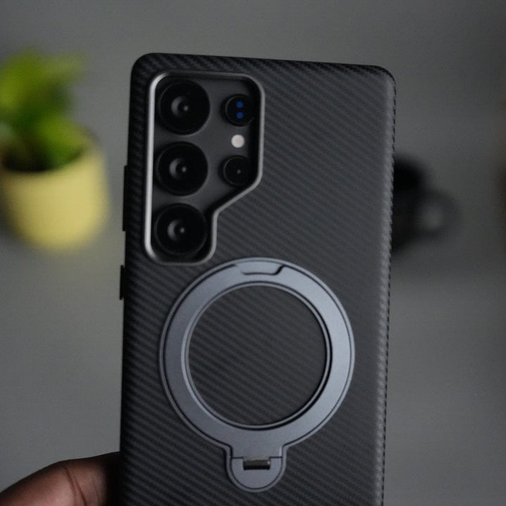 FRATO Samsung S25U Galaxy S25 Ultra Carbon Fiber Texture Case with Metal Camera Frame &amp; Rotating Ring Stand