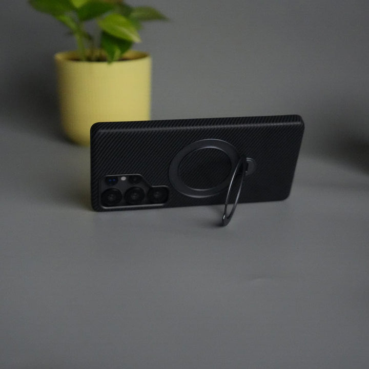 FRATO Samsung S25U Galaxy S25 Ultra Carbon Fiber Texture Case with Metal Camera Frame &amp; Rotating Ring Stand