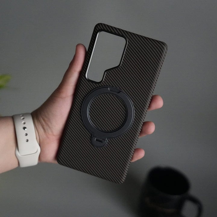 FRATO Samsung S25U Galaxy S25 Ultra Carbon Fiber Texture Case with Metal Camera Frame &amp; Rotating Ring Stand