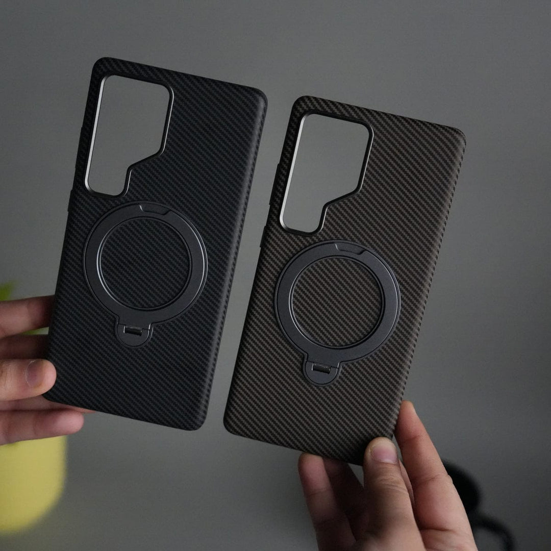 FRATO Samsung S25U Galaxy S25 Ultra Carbon Fiber Texture Case with Metal Camera Frame &amp; Rotating Ring Stand
