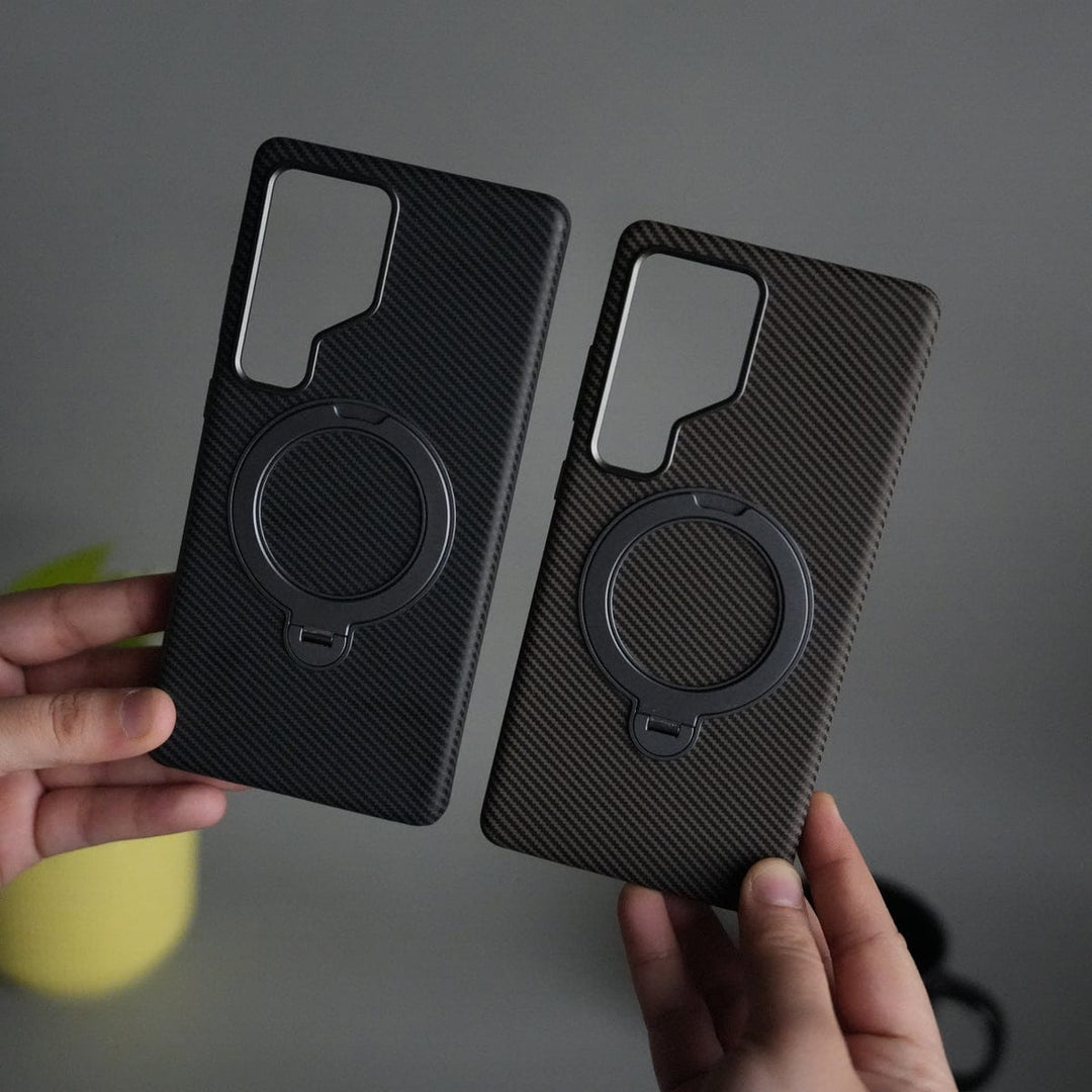 FRATO Samsung S25U Galaxy S25 Ultra Carbon Fiber Texture Case with Metal Camera Frame & Rotating Ring Stand