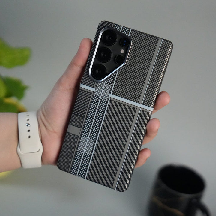 FRATO Samsung S25U Galaxy S25 Ultra Carbon Fiber Texture Design Hard Pc MagSafe Case Cover MixLine Silver