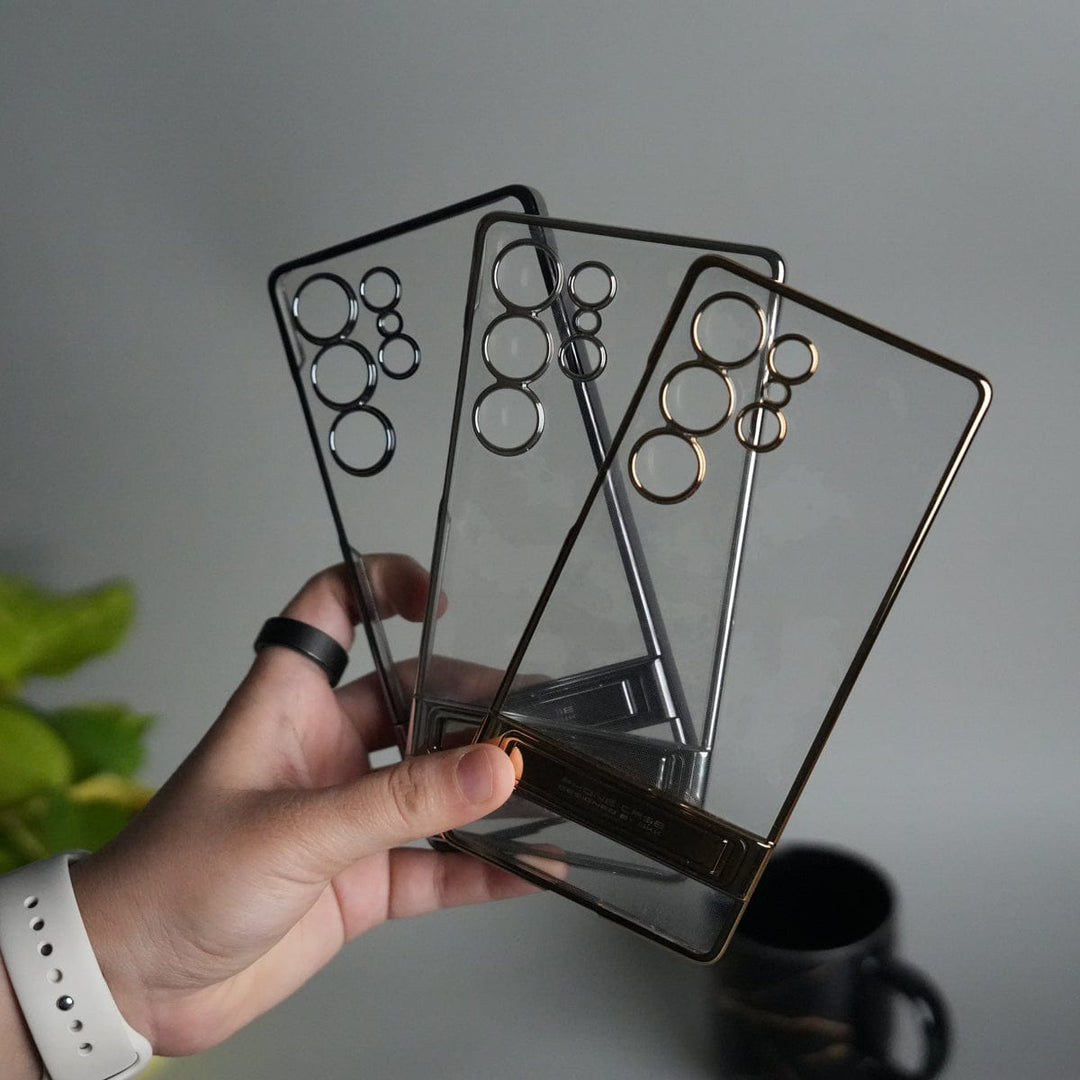 FRATO Samsung S25U Galaxy S25 Ultra Chrome Plated Transparent Case with Built-in Kickstand | Metallic Frame | Slim Shockproof Cover