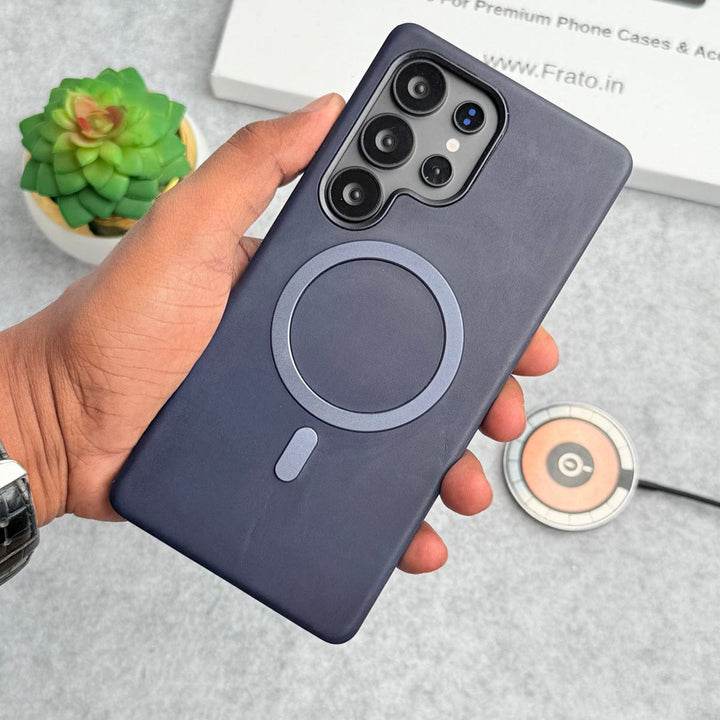 FRATO Samsung S25U Galaxy S25 Ultra / Dark Slate Blue Samsung Galaxy Ultra Series Premium PU Leather Metal MagSafe Ring Case