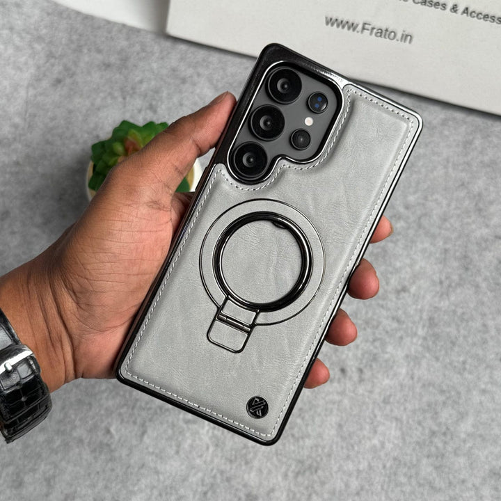 FRATO Samsung S25U Galaxy S25 Ultra / Gray Samsung Galaxy Ultra Series PU Leather Chrome Side Case With Ring Metal Stand