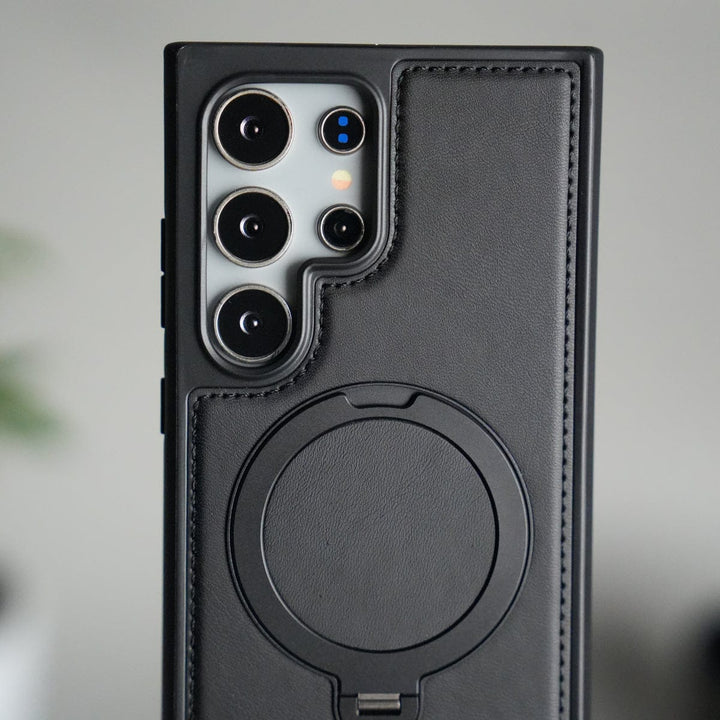 FRATO Samsung S25U Galaxy S25 Ultra Leather Case | Luxury Metal Ring Stand Back Cover | Shockproof Protective Case