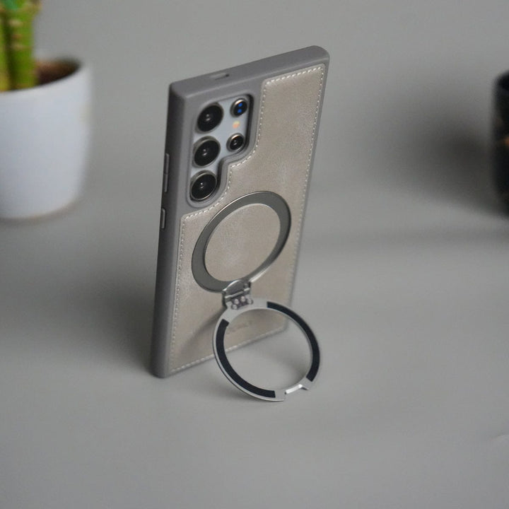 FRATO Samsung S25U Galaxy S25 Ultra Leather Case | Luxury Metal Ring Stand Back Cover | Shockproof Protective Case