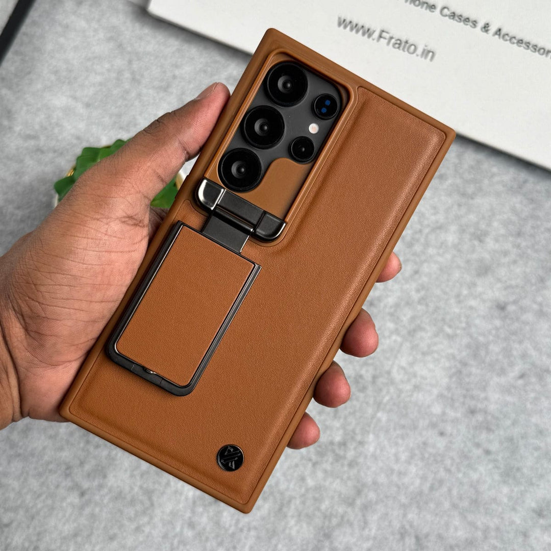 FRATO Samsung S25U Galaxy S25 Ultra / Luxury Brown Samsung Galaxy Ultra Series Metal Camera Cap with Stand Cover