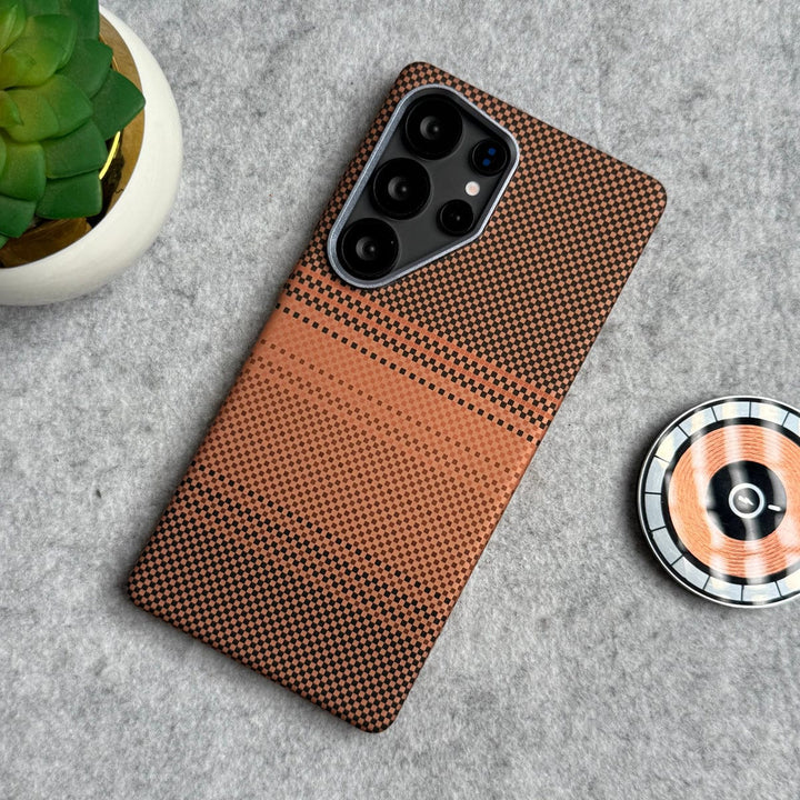 FRATO Samsung S25U Galaxy S25 Ultra / Orange Line Samsung Galaxy Ultra Series Carbon Fiber Texture Aramid Design Hard Pc MagSafe Case Cover