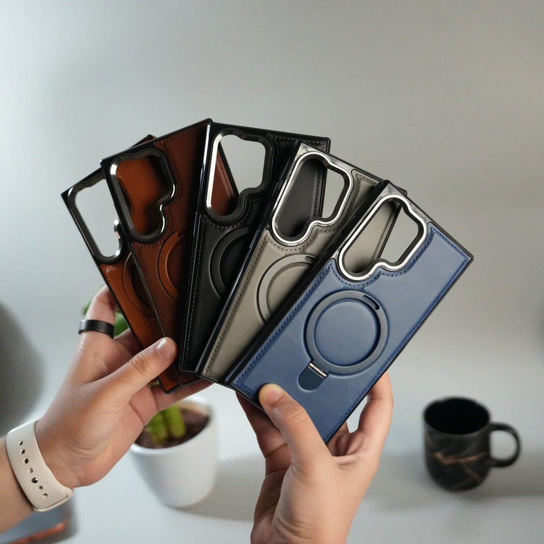 FRATO Samsung S25U Galaxy S25 Ultra Premium PU Leather Case with Metal Kickstand | Metal Camera Bump | Luxury Shockproof Back Cover