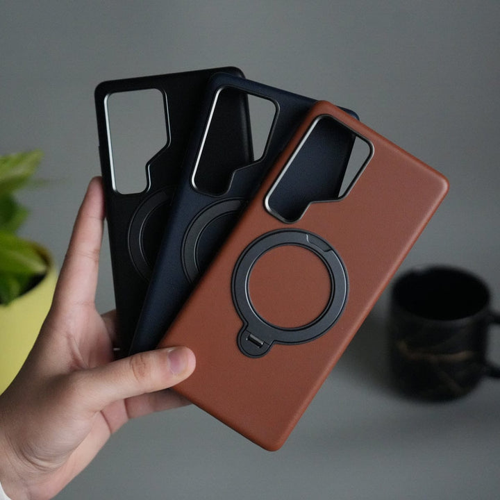 FRATO Samsung S25U Galaxy S25 Ultra PU Leather Case with Metal Camera Frame &amp; 360° Rotating Metal Stand