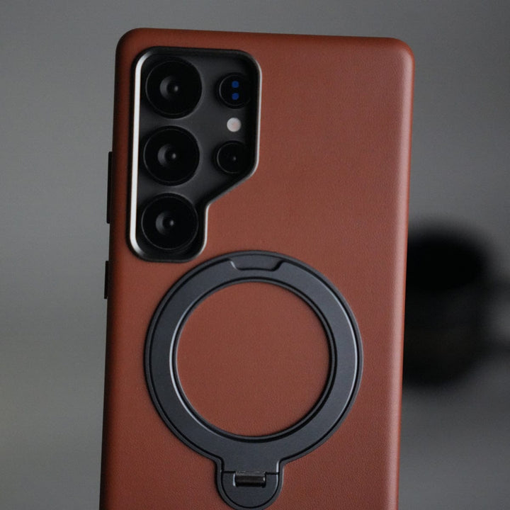 FRATO Samsung S25U Galaxy S25 Ultra PU Leather Case with Metal Camera Frame &amp; 360° Rotating Metal Stand